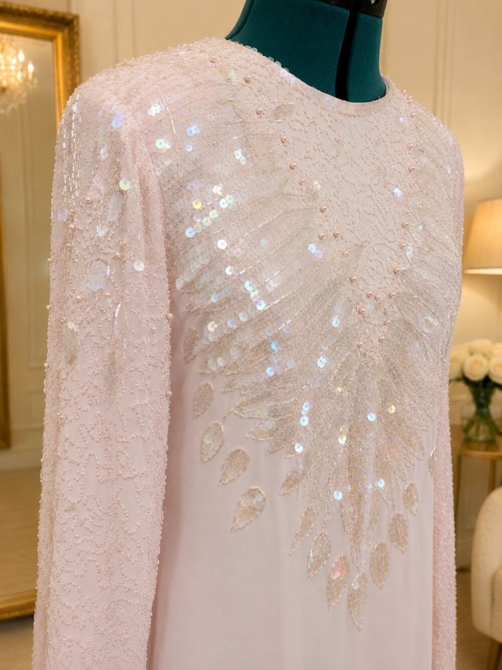 Vintage Jack Bryan Blush Pink Beaded Sequin Evening Dress